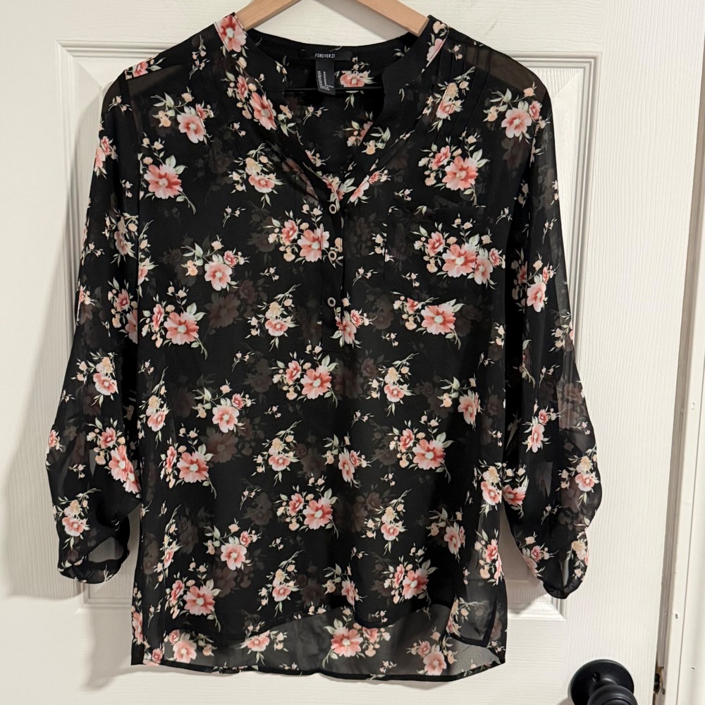 Forever 21 Blouse Women Medium Black Pink Floral Sheer Roll Tab Cottagcore Fairy